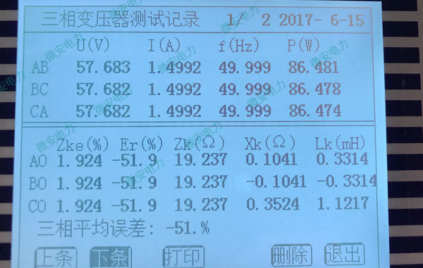 變壓器短路阻抗測試結果